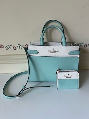 Kate Spade Mint / Blue and White Leather Satchel with Matching Wallet